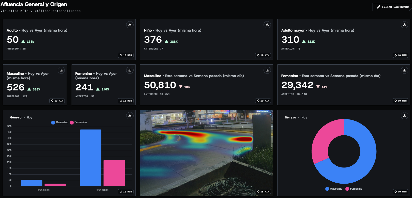 Dashboard con KPIs, gráficos de barras, heatmap y demografía